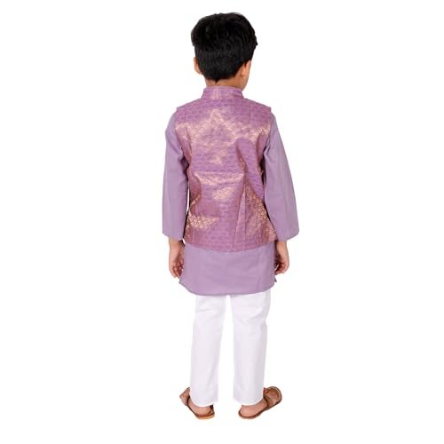 superminis Cotton Boy's Cottton Kurta With Golden Thread Work Nehru Jacket and Elastic Closure Pyjama Set (5-6 Years, Purple), Floral - Image 5