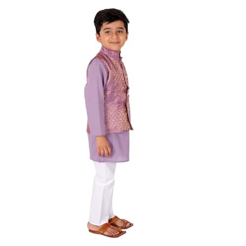 superminis Cotton Boy's Cottton Kurta With Golden Thread Work Nehru Jacket and Elastic Closure Pyjama Set (5-6 Years, Purple), Floral - Image 3