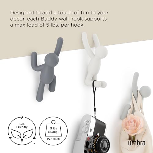 Umbra Buddy Decorative Wall Mounted Hanging Coats, Scarves, Bags, Purses, Backpacks, Towels and More, Pack of 3, Grey Hook, Plastic - Image 5