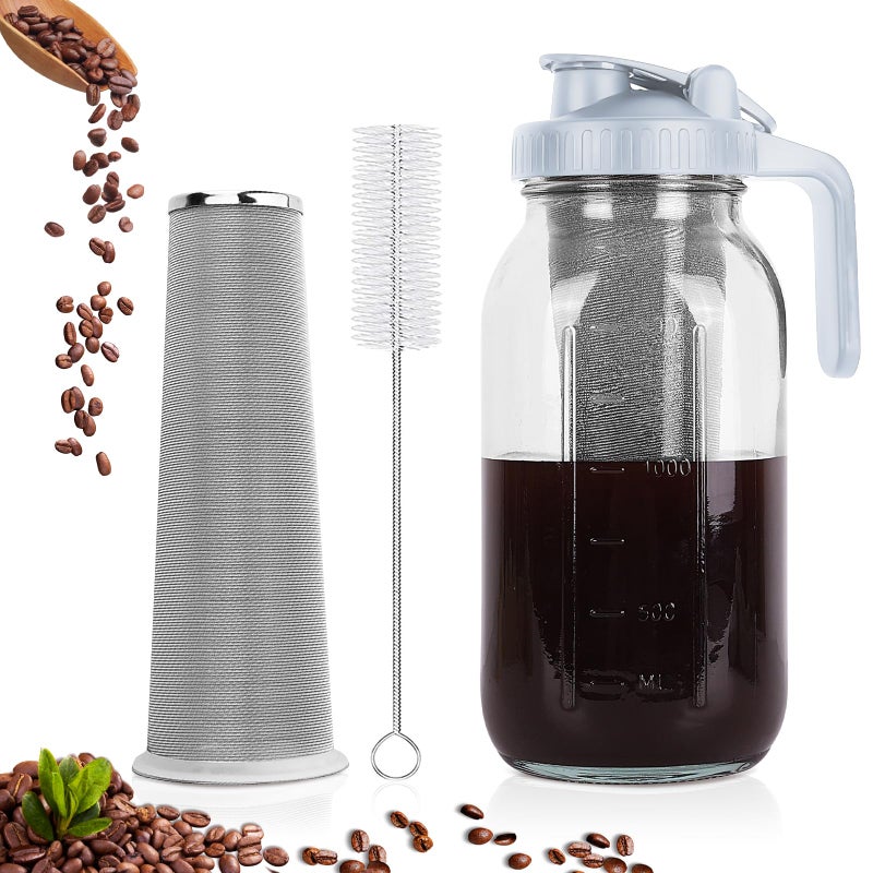 QHH Cold Brew Coffee Maker64 oz Mason Jar Pitcher with Stainless Steel Filter Pour Spout Handle Lid Heavy Duty Glass Airtight  LeakProof Pitcher for iced coffee Tea LemonadeGray