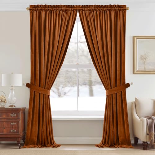 StangH Fall Curtains Burnt Orange Velvet Curtains Luxury Terracotta Thermal Insulated Room Darkening Bedroom Window Drapes for Living Room, Holiday Home Decor for Backdrops, W52 x L84, 2 Panels - Image 2