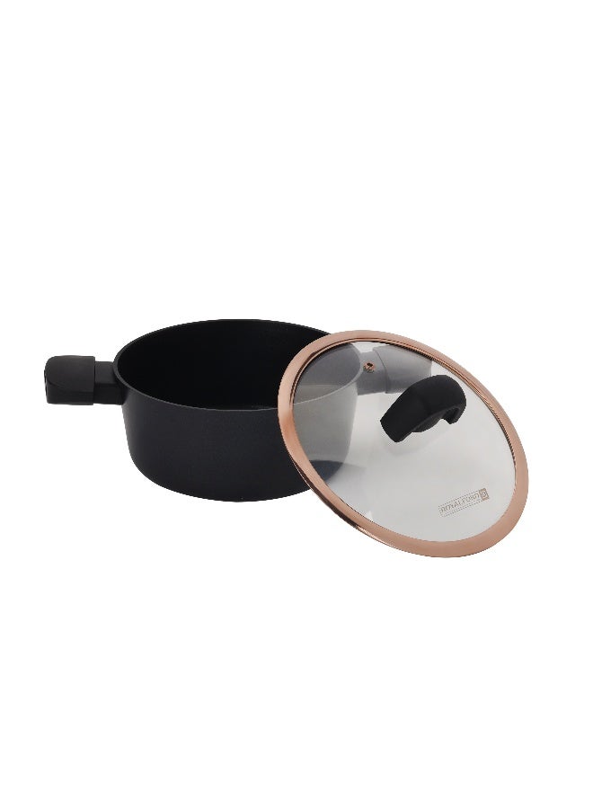 Royalford 20 cm Premium Diamond Series Aluminum Casserole- RF12631/ with Swiss Made PFLOUN Nonstick, 5 Layer Construction/ Heat Resistant Bakelite Handles and Knobs, Tempered Glass Lid, Eco-Friendly/ Perfect for Stews, Soups, Curries, Pastas, etc./ Black, 1 Year Warranty - Image 3
