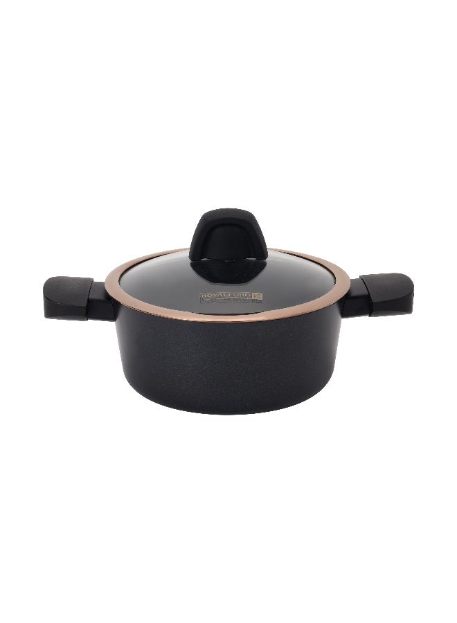 Royalford 20 cm Premium Diamond Series Aluminum Casserole- RF12631/ with Swiss Made PFLOUN Nonstick, 5 Layer Construction/ Heat Resistant Bakelite Handles and Knobs, Tempered Glass Lid, Eco-Friendly/ Perfect for Stews, Soups, Curries, Pastas, etc./ Black, 1 Year Warranty - Image 1