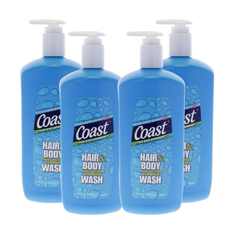 Coast Classic Scent Body Wash Dual Action Formula Shampoo and Shower Gel DeepCleansing Gel Texture Hydrating Body Wash 4 pc