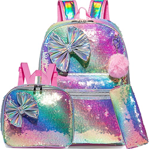 Meetbelify Bowknot Backpack for Girls School Backpacks Kids Cute Sequin Bookbag for Elementary Kindergarten with Lunch Box Pencil Case for Girls 5-12 Years Old - Image 1