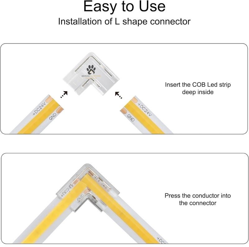 Mufasa LED Strip Connectors - DIY Strip to Wire Quick Solderless Connection for 12v 24v Single Color Led Strip Lights Profile Light Accessory (Non Waterproof) (Pack of 10) (L Corner, 8MM) - Image 5