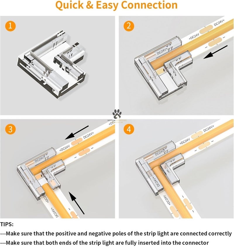 Mufasa LED Strip Connectors - DIY Strip to Wire Quick Solderless Connection for 12v 24v Single Color Led Strip Lights Profile Light Accessory (Non Waterproof) (Pack of 10) (L Corner, 8MM) - Image 4