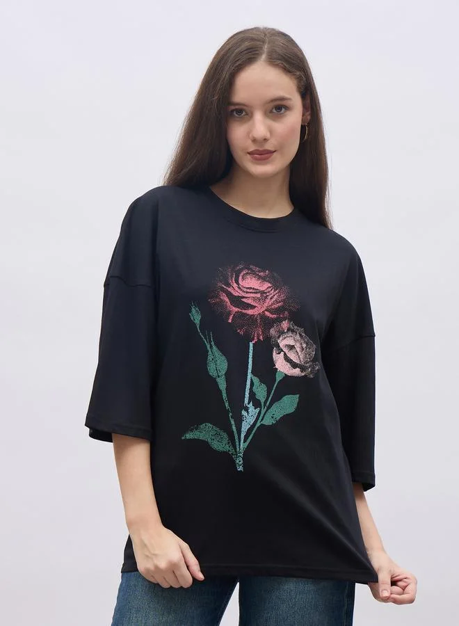 Styli Black Graphic Print Oversized T-Shirt