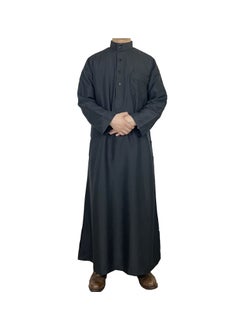 Generic Polyester Mens Robe Qatar Stand Collar Design with Pockets Black  - Image 1