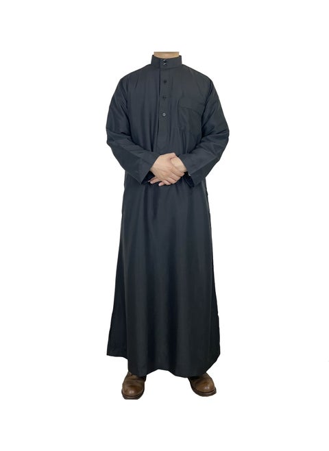 Polyester Mens Robe Qatar Stand Collar Design with Pockets Black