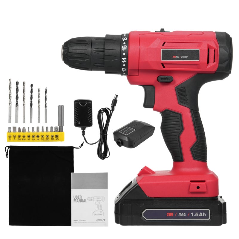 Cordless Electric Drill: Red 18+1 Torque Gears, Brushed Motor, 2-speed Regulation Modes - Forward Reverse Rotation, Led Light Portable Lithium Battery Drill for Home Diy, Professional Construction Wor - Image 1
