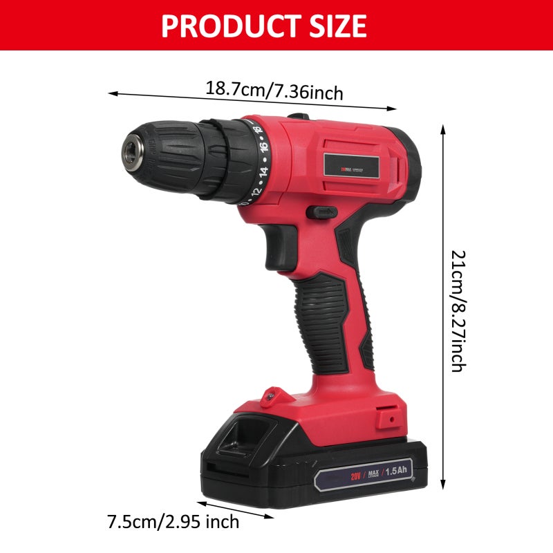 Cordless Electric Drill: Red 18+1 Torque Gears, Brushed Motor, 2-speed Regulation Modes - Forward Reverse Rotation, Led Light Portable Lithium Battery Drill for Home Diy, Professional Construction Wor - Image 2