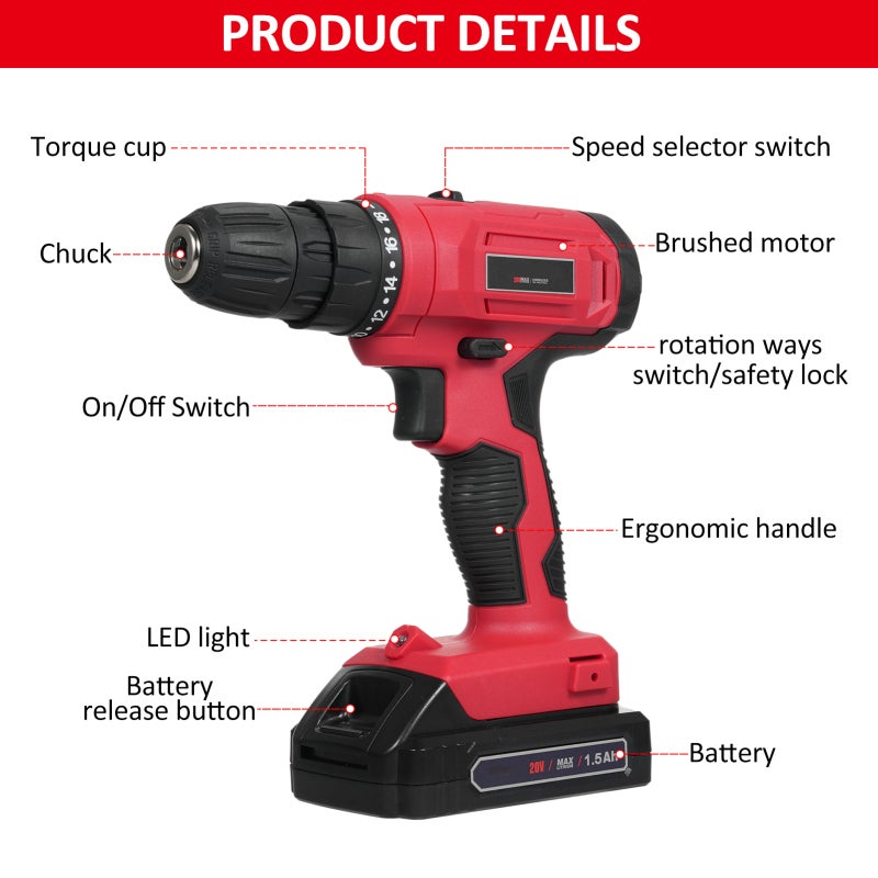 Cordless Electric Drill: Red 18+1 Torque Gears, Brushed Motor, 2-speed Regulation Modes - Forward Reverse Rotation, Led Light Portable Lithium Battery Drill for Home Diy, Professional Construction Wor - Image 3