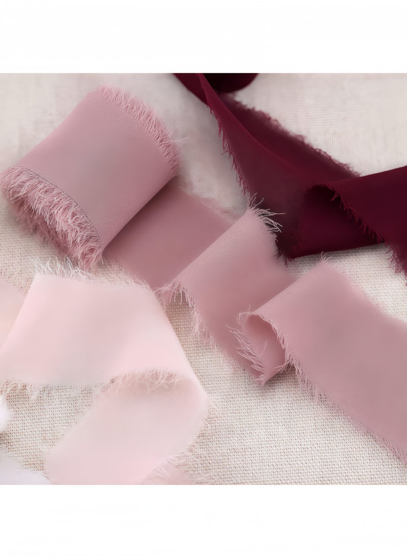 Peachjoy Handmade Fringe Chiffon Silk Ribbon Ribbons Set for Wedding Invitations, Bridal Bouquets, Gifts Wrapping, DIY Crafts 4 Rolls (Burgundy/Dusty Rose/Mauve/Pink)  - Image 2