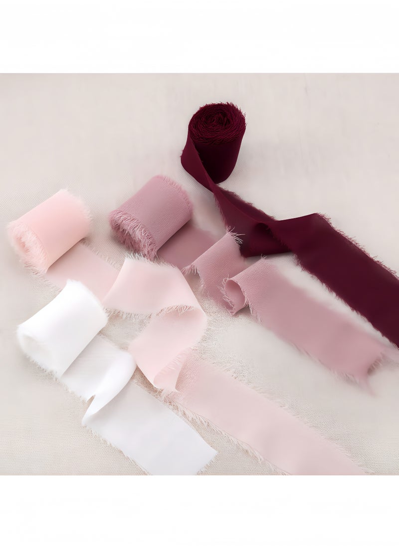 Peachjoy Handmade Fringe Chiffon Silk Ribbon Ribbons Set for Wedding Invitations, Bridal Bouquets, Gifts Wrapping, DIY Crafts 4 Rolls (Burgundy/Dusty Rose/Mauve/Pink)  - Image 3