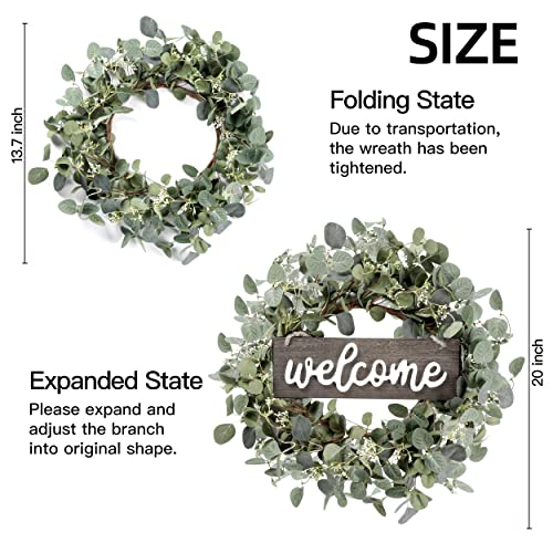 Sggvecsy Green Eucalyptus Leaf Wreath with Welcome Sign 20in Artificial Eucalyptus Wreath Spring Summer Wreath for Front Door Wall Window Farmhouse Festival Porch Patio Garden Decor - Image 5