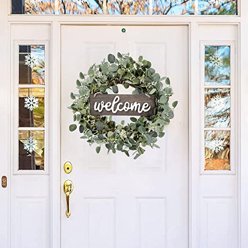Sggvecsy Green Eucalyptus Leaf Wreath with Welcome Sign 20in Artificial Eucalyptus Wreath Spring Summer Wreath for Front Door Wall Window Farmhouse Festival Porch Patio Garden Decor - Image 3