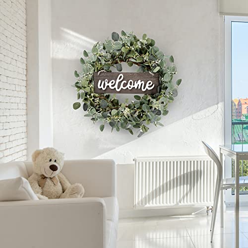 Sggvecsy Green Eucalyptus Leaf Wreath with Welcome Sign 20in Artificial Eucalyptus Wreath Spring Summer Wreath for Front Door Wall Window Farmhouse Festival Porch Patio Garden Decor - Image 4