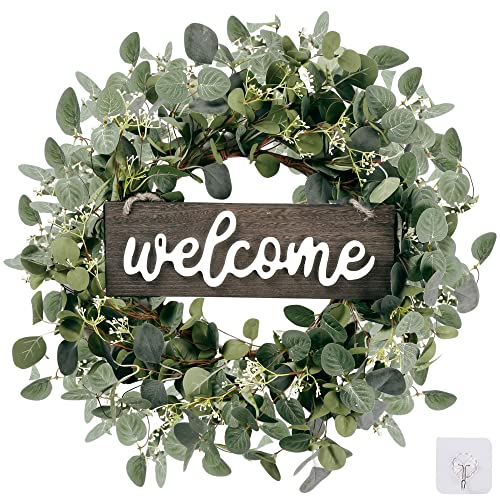 Sggvecsy Green Eucalyptus Leaf Wreath with Welcome Sign 20in Artificial Eucalyptus Wreath Spring Summer Wreath for Front Door Wall Window Farmhouse Festival Porch Patio Garden Decor - Image 1