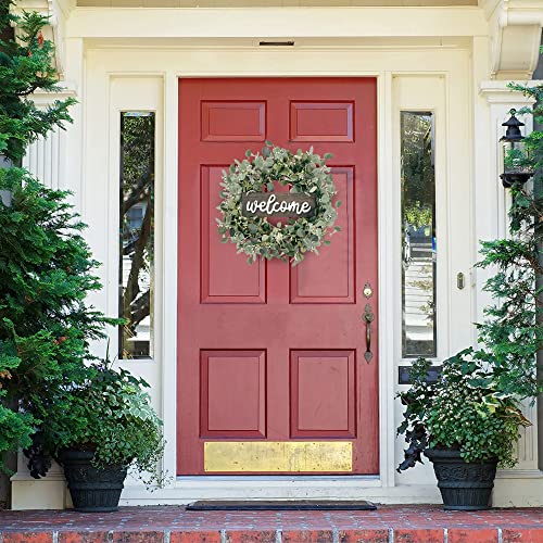 Sggvecsy Green Eucalyptus Leaf Wreath with Welcome Sign 20in Artificial Eucalyptus Wreath Spring Summer Wreath for Front Door Wall Window Farmhouse Festival Porch Patio Garden Decor - Image 2
