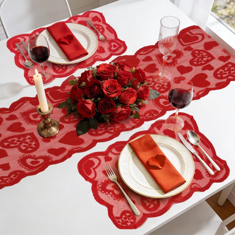 Labrostar 5Pack Valentines Day Decorations Valentine's Day Table Runner Red Heart Lace Table Runner for Valentines Day Decor Anniversary Engagement Wedding Home Table Romantic Decorations 13x72 - Image 2