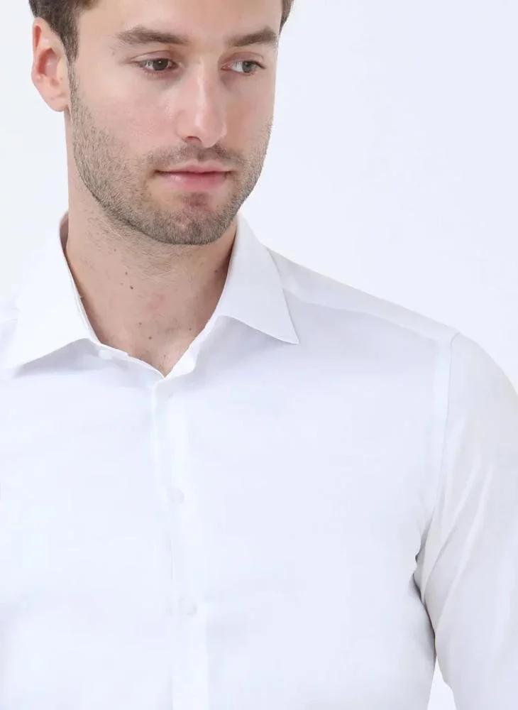 Kip White Plain Slim Fit Weaving Classical 100% Cotton Shirt