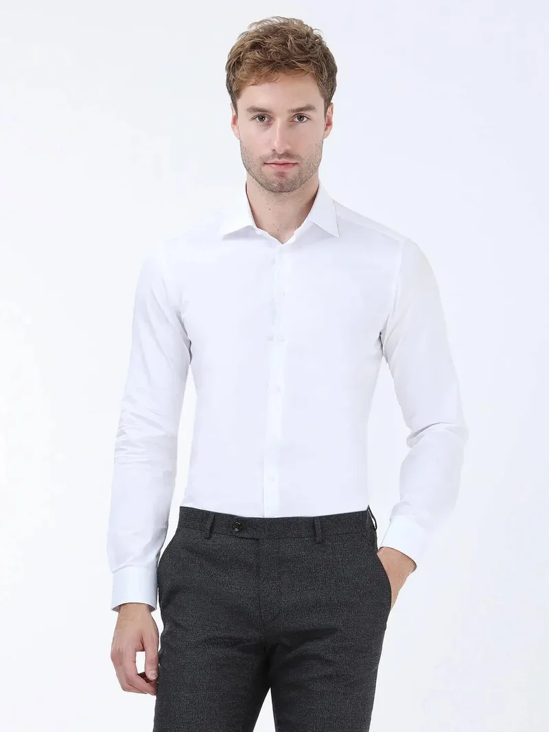 Kip White Plain Slim Fit Weaving Classical 100% Cotton Shirt