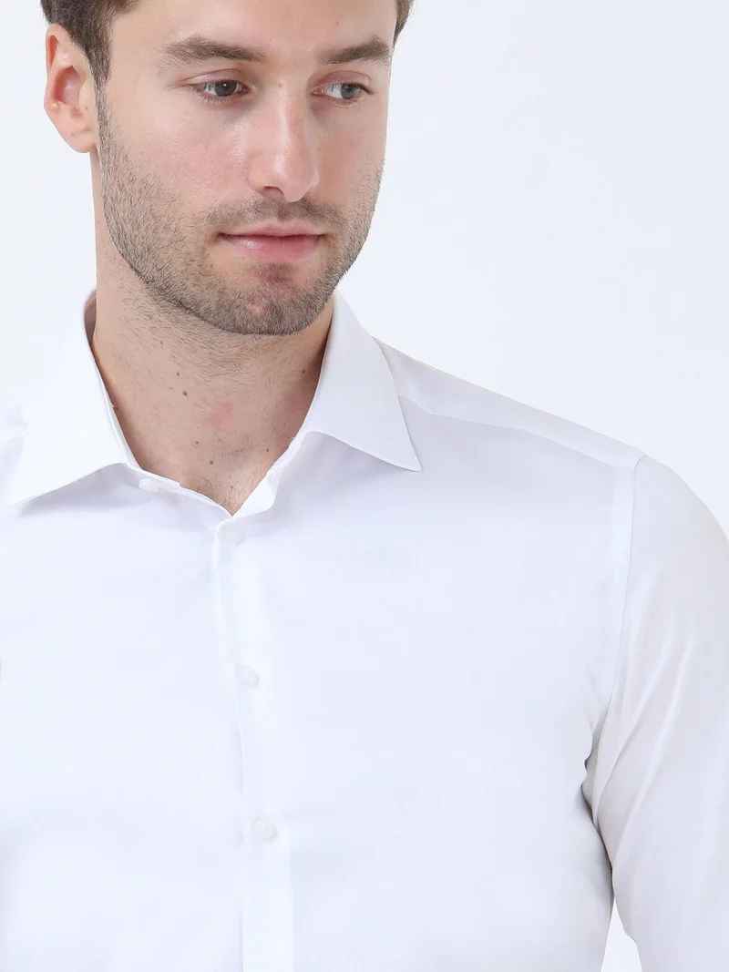 Kip White Plain Slim Fit Weaving Classical 100% Cotton Shirt