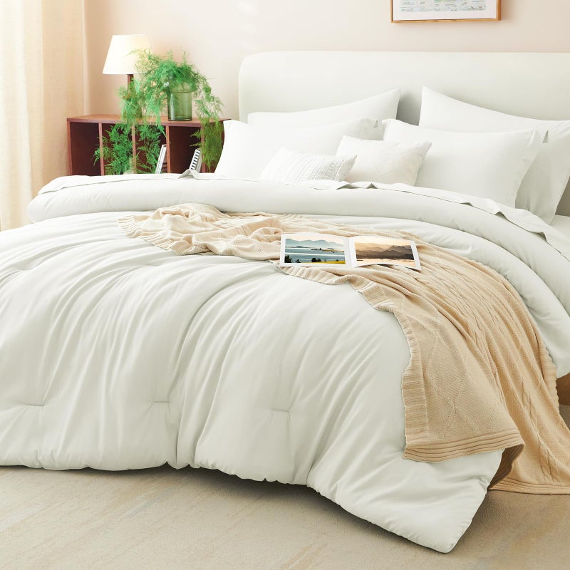 CozyLux King Size Comforter Set Ivory 7 Pieces Bed in a Bag King Comforter Set with Sheets Luxury Soft Bedding Sets with Down Alternative Comforter Fitted Sheet Flat Sheet Pillowcases Shams - Image 2