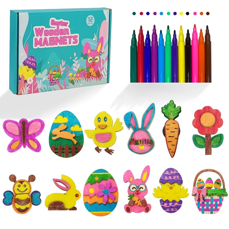 Muyiz 12 Easter Wooden Magnet Creativity Arts & Crafts Painting Kit for Kids Easter Basket Stuffers Gifts Toys Party Favors - Image 1