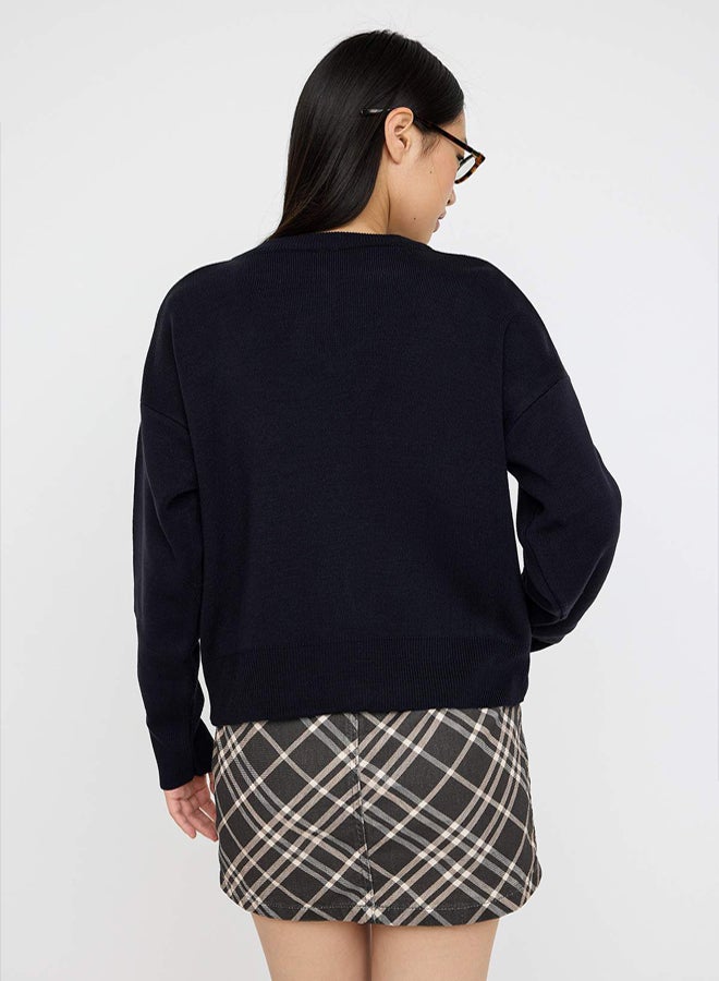 trendyol Teen Navy Blue College Themed Embroidery Embroidered Knitwear Cardigan - Image 4