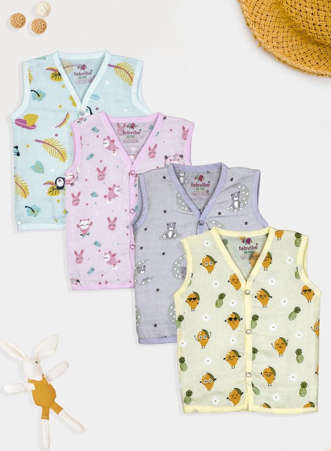FEBVIBE Muslin Cotton Summer wear Sleeveless Vest Baby | V-Neck Printed Vest Ideal for Baby Boys and Baby Girl (in, Age, 0 Months, 3 Months, Regular, Multicolor-2) - Image 3
