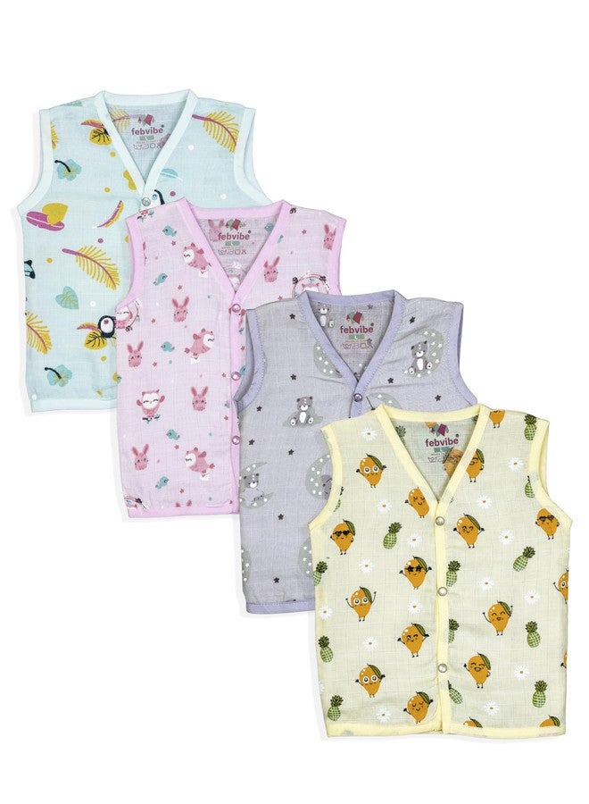 FEBVIBE Muslin Cotton Summer wear Sleeveless Vest Baby | V-Neck Printed Vest Ideal for Baby Boys and Baby Girl (in, Age, 0 Months, 3 Months, Regular, Multicolor-2) - Image 1
