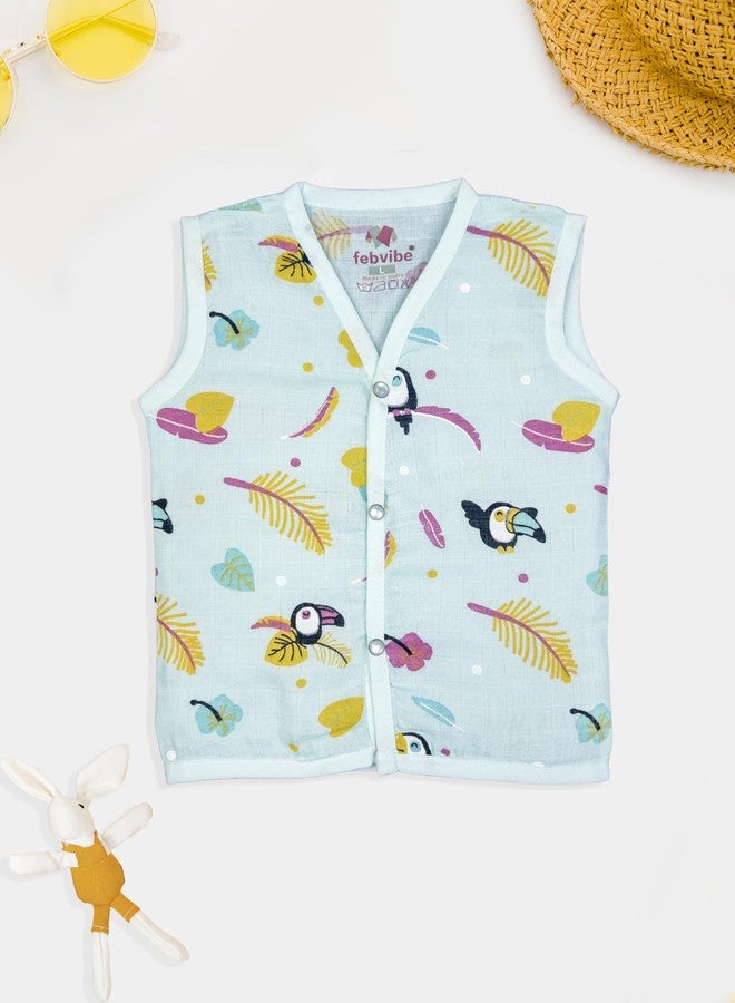 FEBVIBE Muslin Cotton Summer wear Sleeveless Vest Baby | V-Neck Printed Vest Ideal for Baby Boys and Baby Girl (in, Age, 0 Months, 3 Months, Regular, Multicolor-2) - Image 5