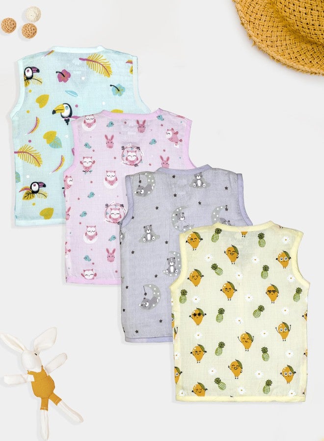 FEBVIBE Muslin Cotton Summer wear Sleeveless Vest Baby | V-Neck Printed Vest Ideal for Baby Boys and Baby Girl (in, Age, 0 Months, 3 Months, Regular, Multicolor-2) - Image 2