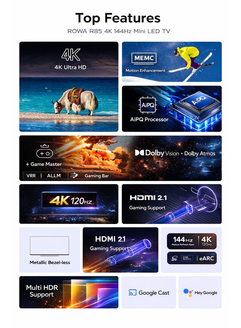 ROWA 75-Inch R85 4K Mini LED Smart TV (2025 Model) Google TV With 3GB+32GB Memory, 144Hz Refresh Rate, AiPQ Pro Processor, Dolby Vision IQ, Dolby Atmos, Onkyo Audio, Slim Uni-Body Design - 75 Inch Mini LED TV 75R85 Black - Image 5
