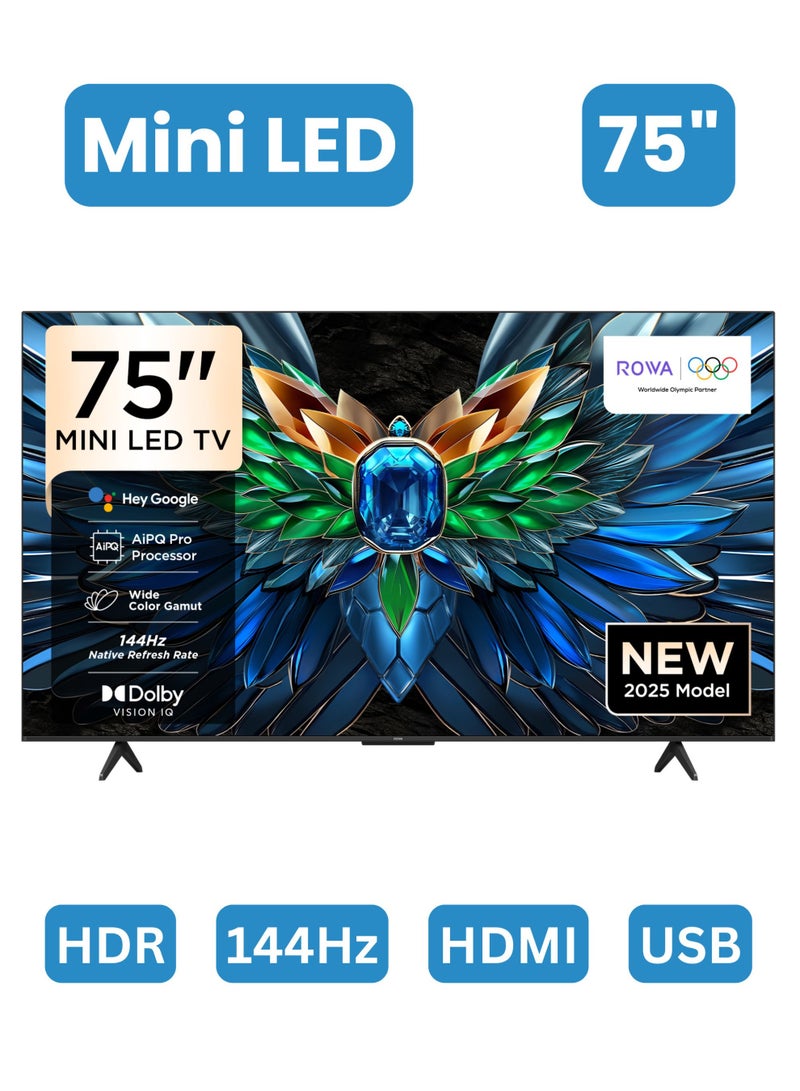 ROWA 75-Inch R85 4K Mini LED Smart TV (2025 Model) Google TV With 3GB+32GB Memory, 144Hz Refresh Rate, AiPQ Pro Processor, Dolby Vision IQ, Dolby Atmos, Onkyo Audio, Slim Uni-Body Design - 75 Inch Mini LED TV 75R85 Black - Image 1