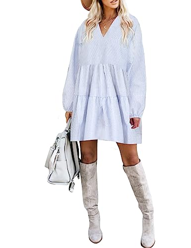 FANCYINN Long Sleeve Shift Tunic Dress Ruffle Swing Babydoll Juniors Mini Tiered Dress with Pockets Blue Pinstripe L - Image 4