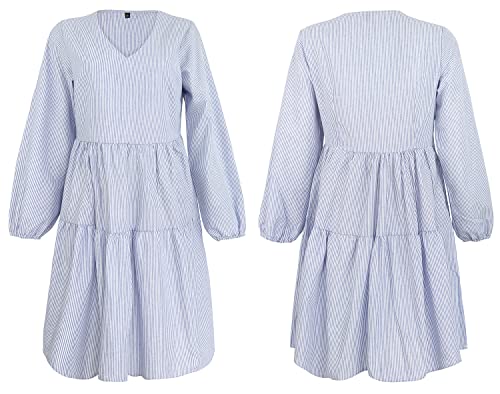 FANCYINN Long Sleeve Shift Tunic Dress Ruffle Swing Babydoll Juniors Mini Tiered Dress with Pockets Blue Pinstripe L - Image 5