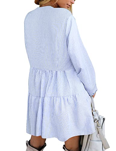 FANCYINN Long Sleeve Shift Tunic Dress Ruffle Swing Babydoll Juniors Mini Tiered Dress with Pockets Blue Pinstripe L - Image 3