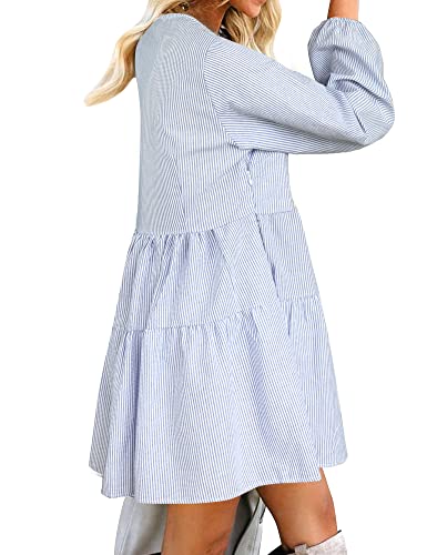 FANCYINN Long Sleeve Shift Tunic Dress Ruffle Swing Babydoll Juniors Mini Tiered Dress with Pockets Blue Pinstripe L - Image 2