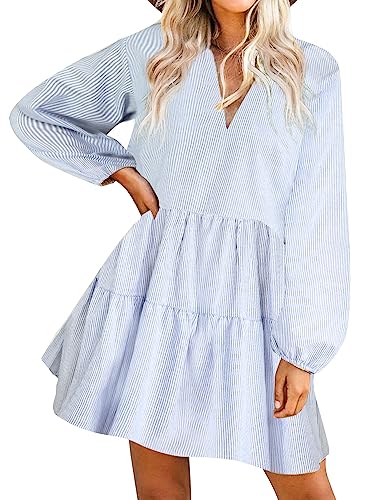 FANCYINN Long Sleeve Shift Tunic Dress Ruffle Swing Babydoll Juniors Mini Tiered Dress with Pockets Blue Pinstripe L - Image 1