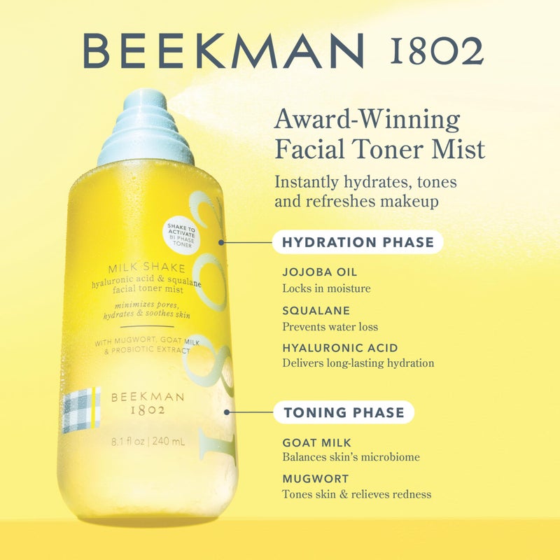 Beekman 1802 بكمان 1802 رذاذ وجه مرطب بحليب الحليب - حمض الهيالورونيك وزيت السكوالين - يقلل المسام ويرطب بلطف - رذاذ تثبيت المكياج - خالي من العطور حجم: 8.1 أونصة سائلة (عبوة من 1) - Image 2