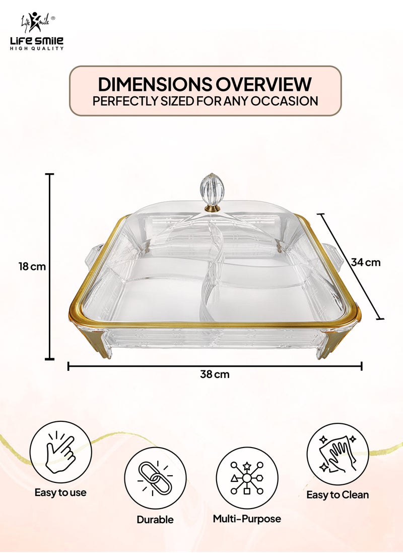 Life Smile - Serving Tray - 4 Compartments Appetizer Platter with Lid - Acrylic Spill Proof Rectangular Countertop Decorative Dish With Handle For Appetizer, Nuts, Candy, Sweets, Cookie tray - Image 1
