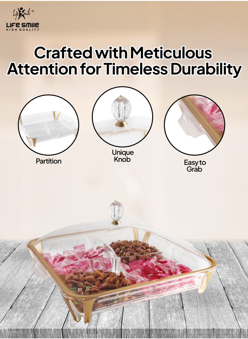 Life Smile - Serving Tray - 4 Compartments Appetizer Platter with Lid - Acrylic Spill Proof Rectangular Countertop Decorative Dish With Handle For Appetizer, Nuts, Candy, Sweets, Cookie tray - Image 1