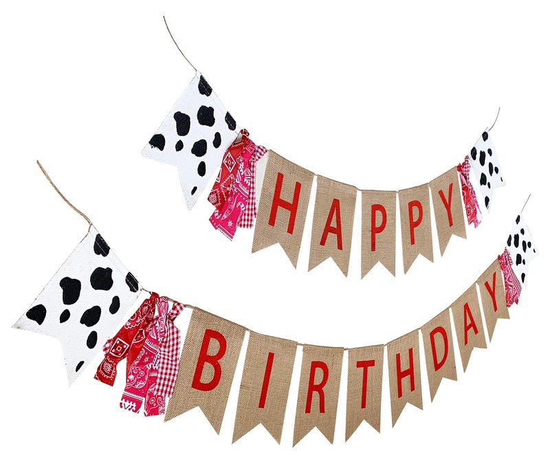 Farm Theme Birthday Banner Burlap Barn Party Sign Cow Print Fabric Happy Bday Banner Decorations