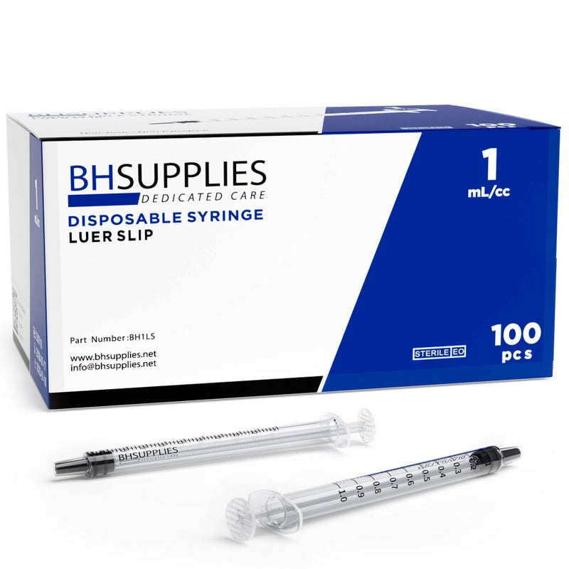 BH SUPPLIES BH Supplies 1mL Luer Slip Tip Syringes No Needle Sterile Individually Wrapped 100 Syringes
