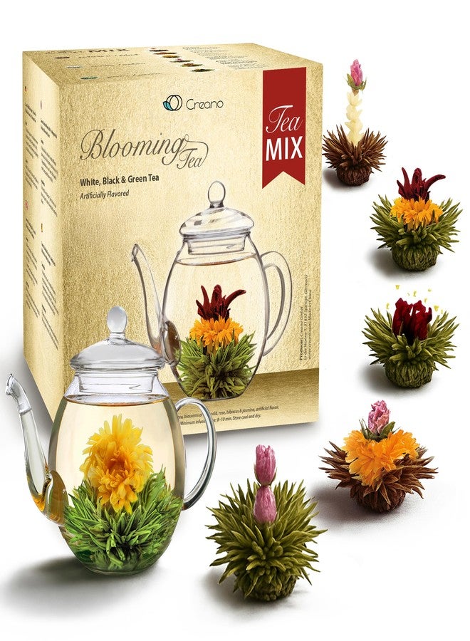 Creano Tea Flowers Mix Golden Gift Set Blooming Tea with Glass Teapot White, Green & Black Tea in 6 Varieties Tea Flower Blooming Tea Gift for Women - Image 1