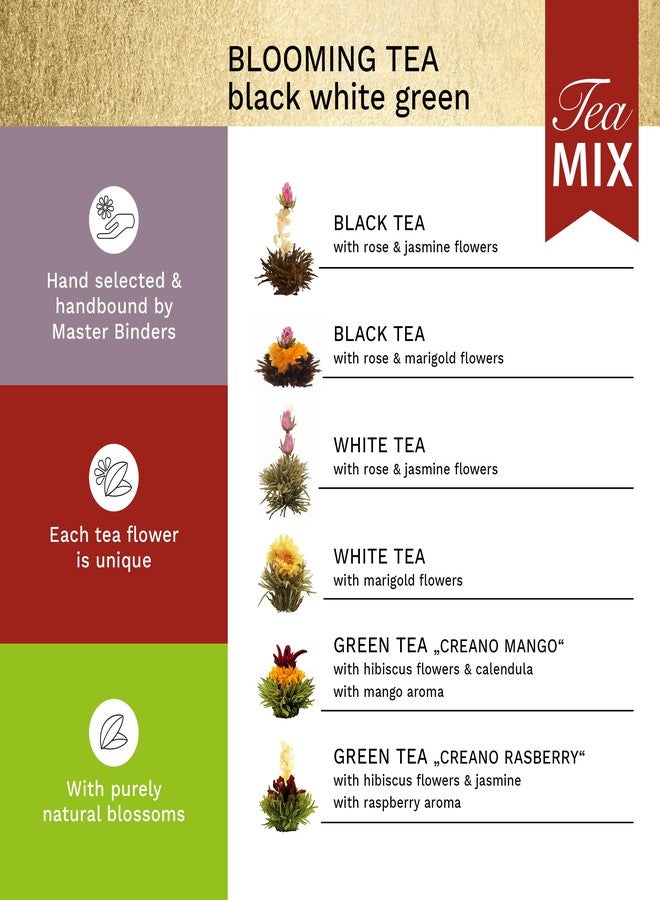 Creano Tea Flowers Mix Golden Gift Set Blooming Tea with Glass Teapot White, Green & Black Tea in 6 Varieties Tea Flower Blooming Tea Gift for Women - Image 3