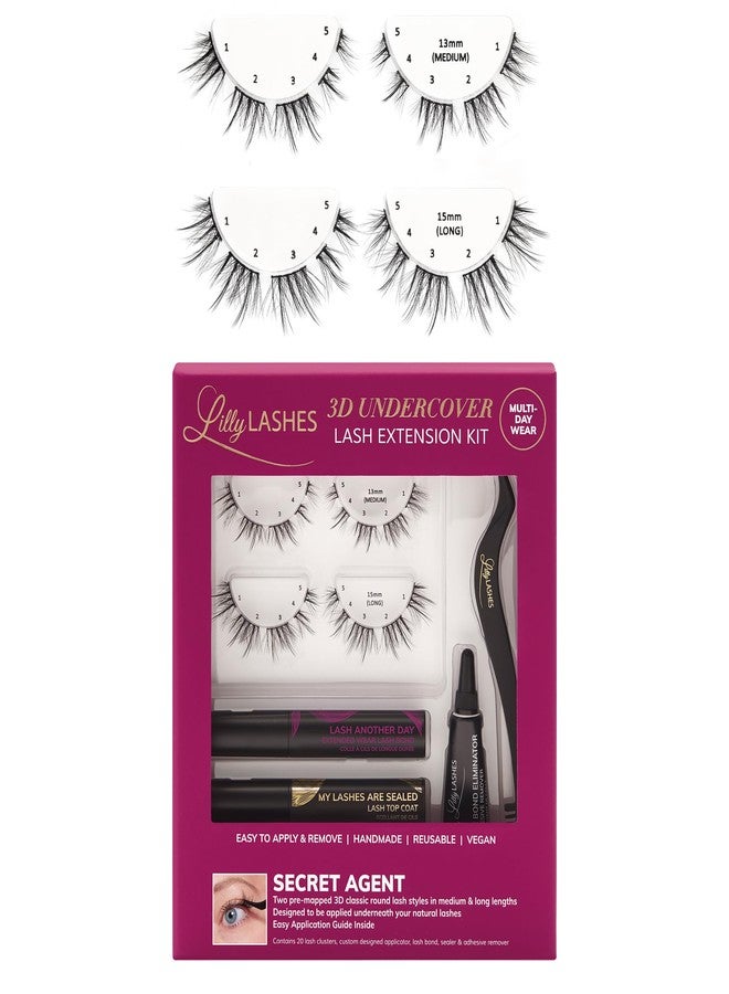 Lilly Lashes 3D Undercover Kit, DIY Lash Extension Kit in Secret Agent, At Home Eyelash Extension Kit Includes Lash Clusters + Lash Bond and Seal + Lash Applicator Tool, Classic Lengthening Style - Image 1